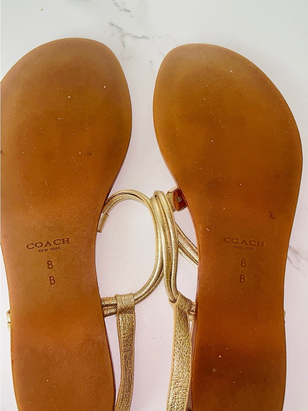 Coach Gold Leather T-Strap Sandals with Brown Footbed - Picture 3 of 9